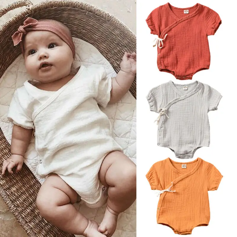 Ropa para ni&ntilde;os reci&eacute;n nacidos, mono liso, traje de manga corta de algod&oacute;n, de verano-0
