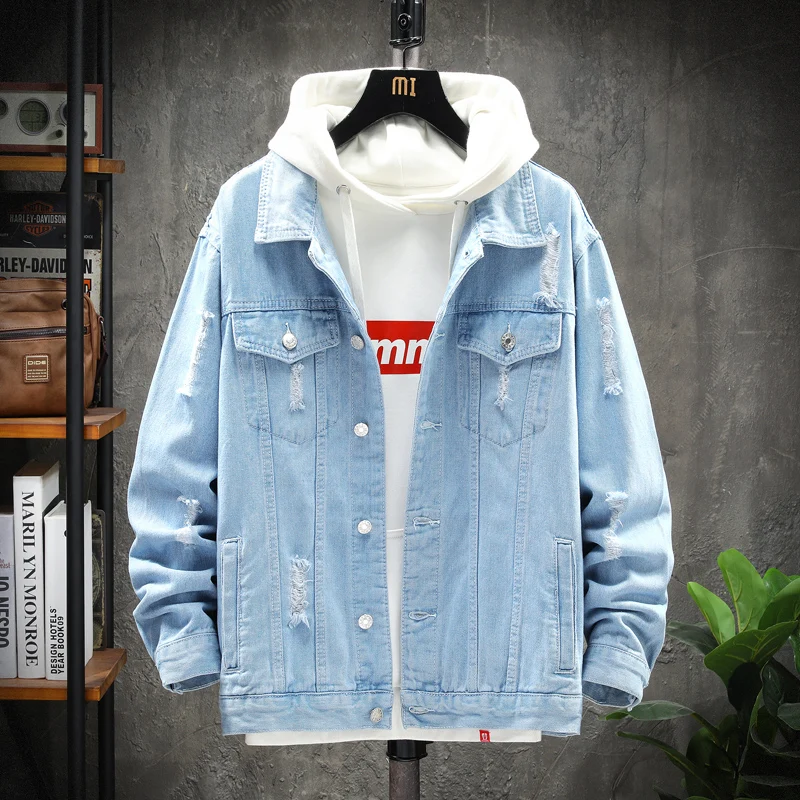 

Men's Vogue Solid Color Denim Jacket Loose Hole Business Casual Cowboy Coat Youth high-quality Streetwear Tops Nice Autumn Pop