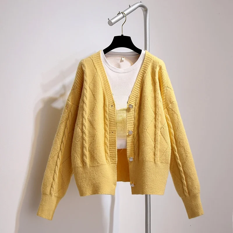 

Solid Knitted Women Sweater Cardigan Winter New 2021 V-Neck Long-Sleeved Casual All Match Female Outwear Coats Tops