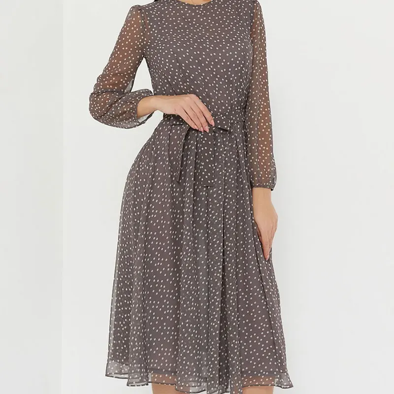 Осенне весеннее черное шифоновое платье для женщин с длинным рукавом в горошек