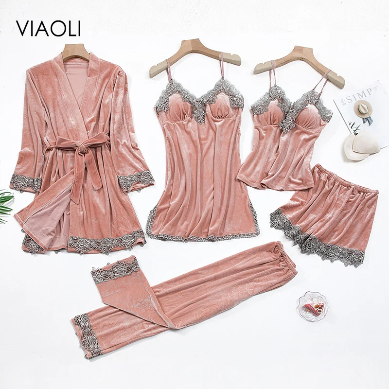 

Fashion Velvet Soft Homewear Sleepwear Kimono Robe Sexy Lace Nightwear Pajamas Suit Intimate Lingerie Women Velour Sleep Set New