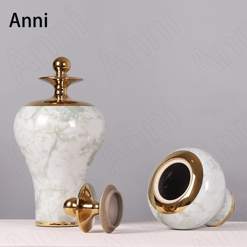 melhor Chinês Textura De Mármore Cerâmica Vaso Criatividade Golden Stroke Espiral Metal Tampa Decorativa Bancada Vasos Decoração Da Sala Estar