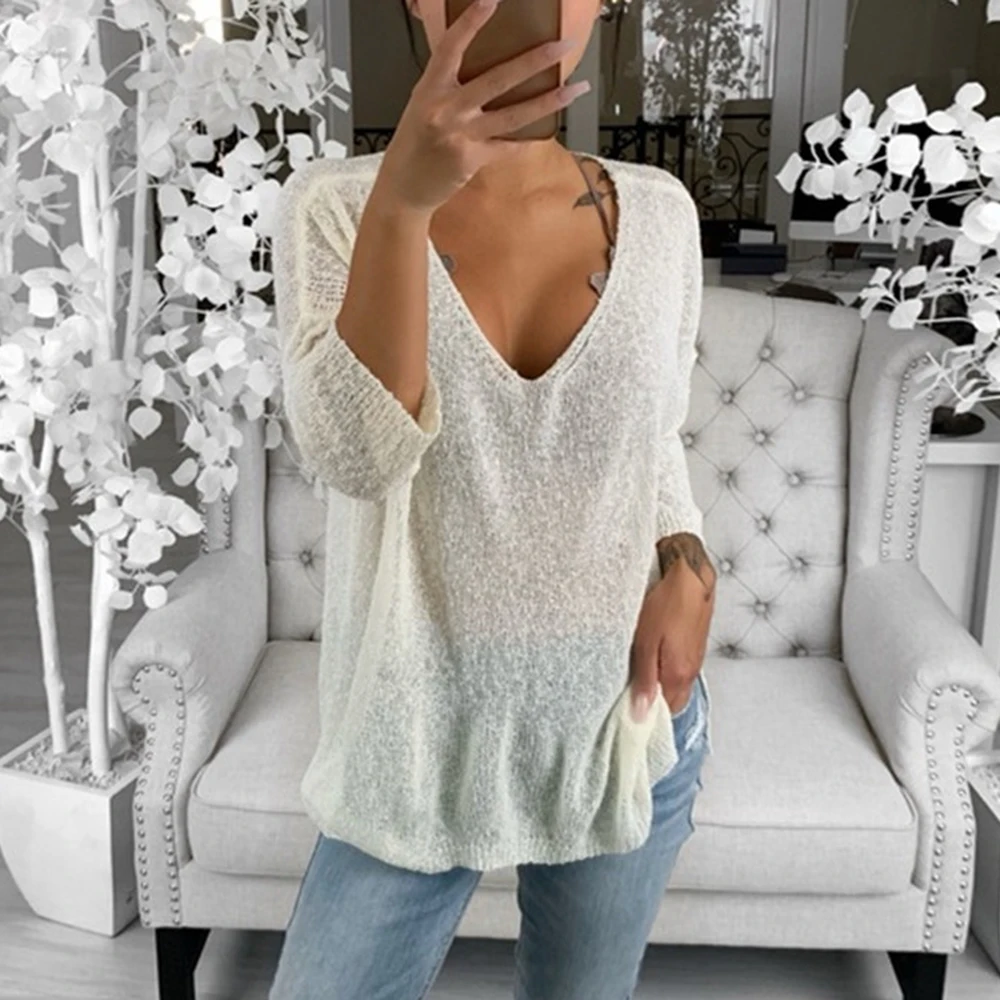 Ladies Sexy V-neck Elastic Loose Casual Slim Fit Sweaters 2019 New Women's Fashion Long Sleeve Thin Knitted Pullovers | Женская