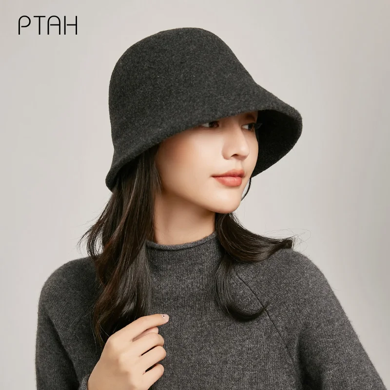 

[PTAH] Autumn Winter Bucket Hats for Woman New Fashion Woolen Hat Girls Autumn Female Warmer Bonnet Ladies Casual Hats 100% Wool