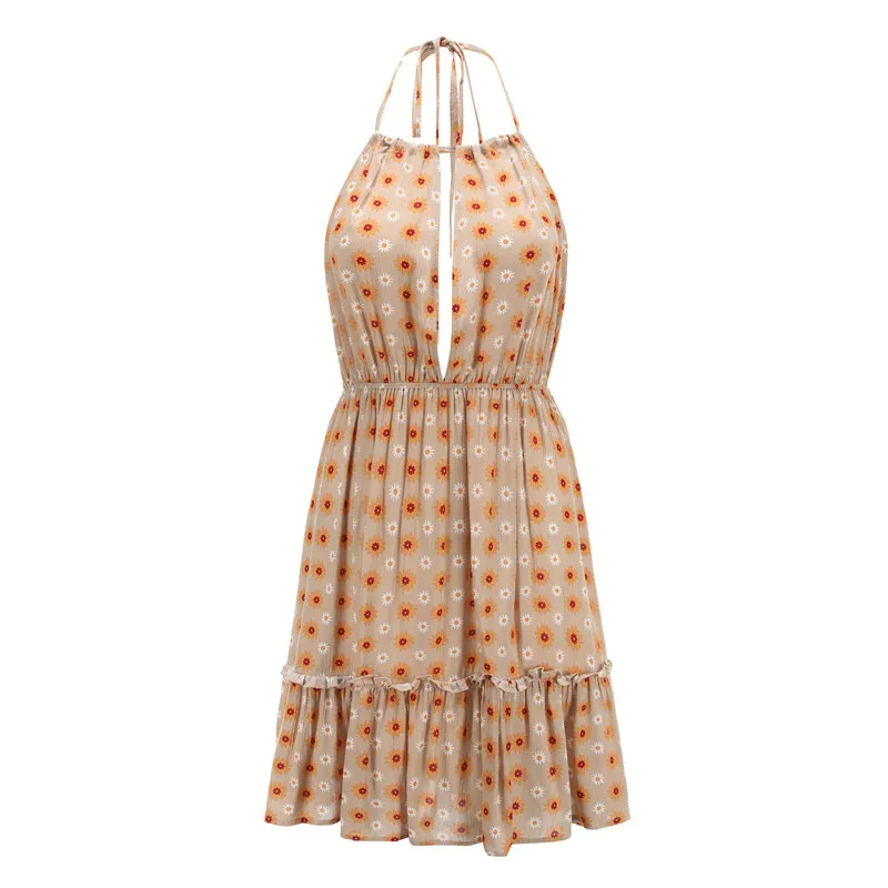 

Sexy Print Dress Women 2021 Summer New Fashion Bangdge Bow Linen Halter Hollow Out Slim Short Dresses Female JD1185