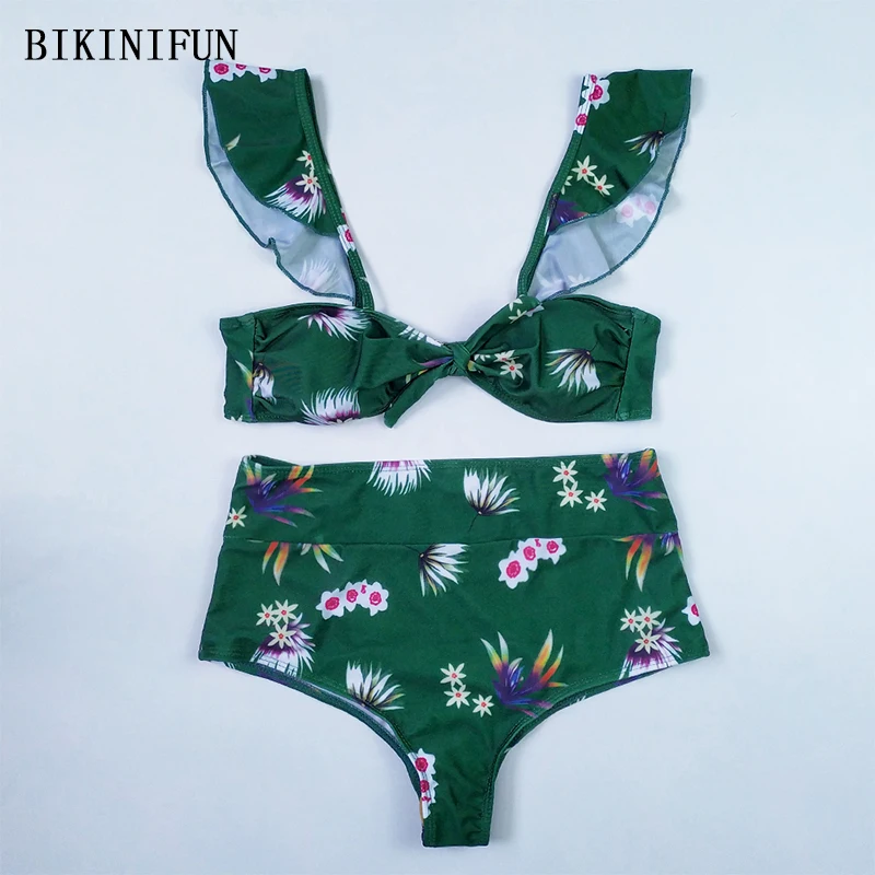 Новый сексуальный зеленый цветочный принт бикини женский купальник бантик
