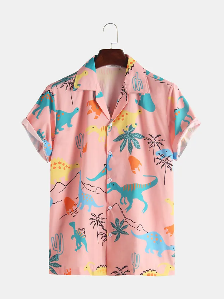 

Fashion Beach Hawaiian Shirt Men's Korean Cartoon Style Dinosaur Beach Coconut Print Short Sleeve Pink Shirt Men