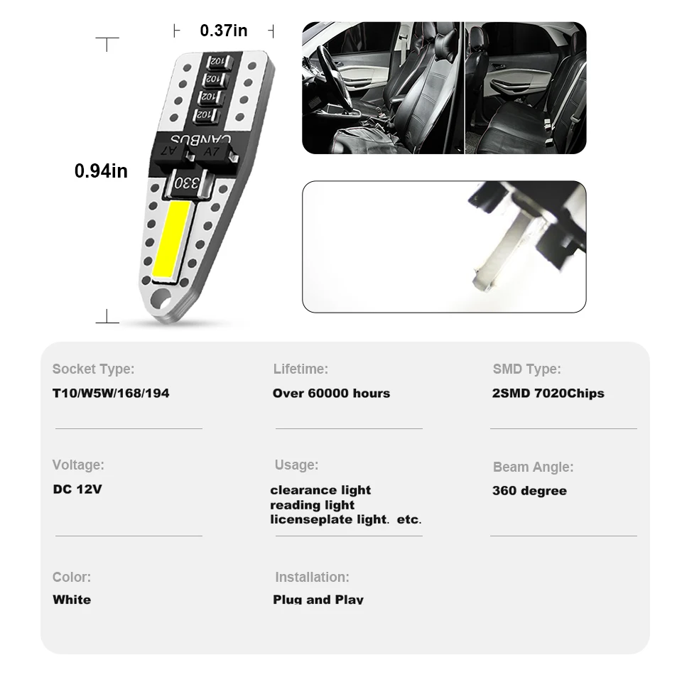 ANMINGPU 10X Signal Lamp W5W LED Canbus T10 Bulbs 7020SMD Auto Led Interior Car Lights Clearence Light Dome 6000K 12V | Автомобили и