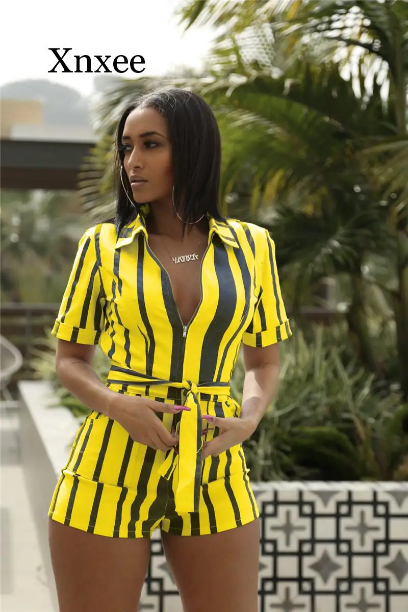 

Plus Size Striped Playsuits Shorts Jumpsuit Women Front Zipper Turn Down Collar Short Sleeve Casual Romper Summer Overalls Belt