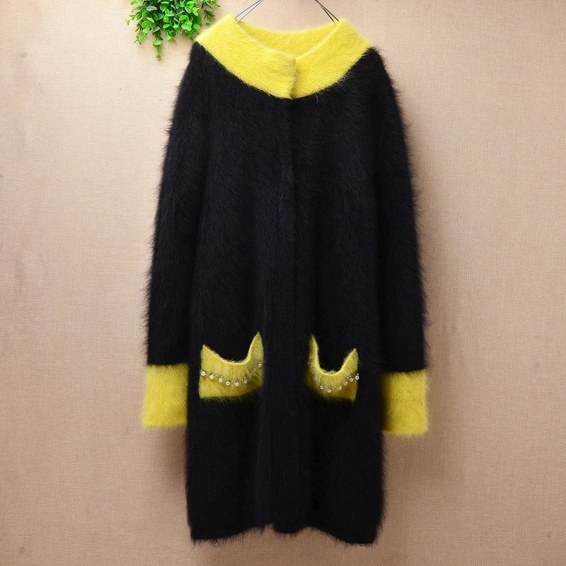 

ladies women fashion black hairy plush mink cashmere colored slim cardigans angora fur fall winter jacket coat long sweater pull