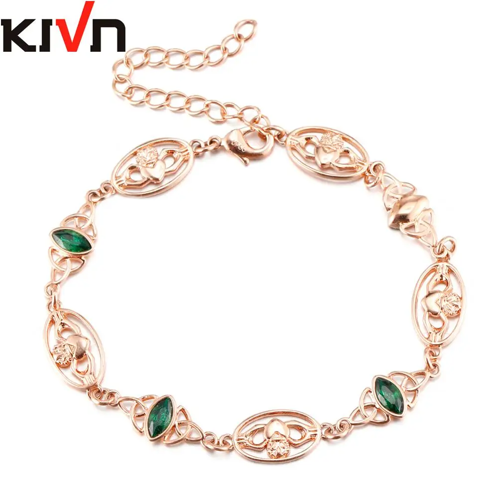 

KIVN Fashion Jewelry Green CZ Irish Celtics Knot Heart Crown Claddagh Bracelets For Women Girls Birthday Party Promotion Gifts