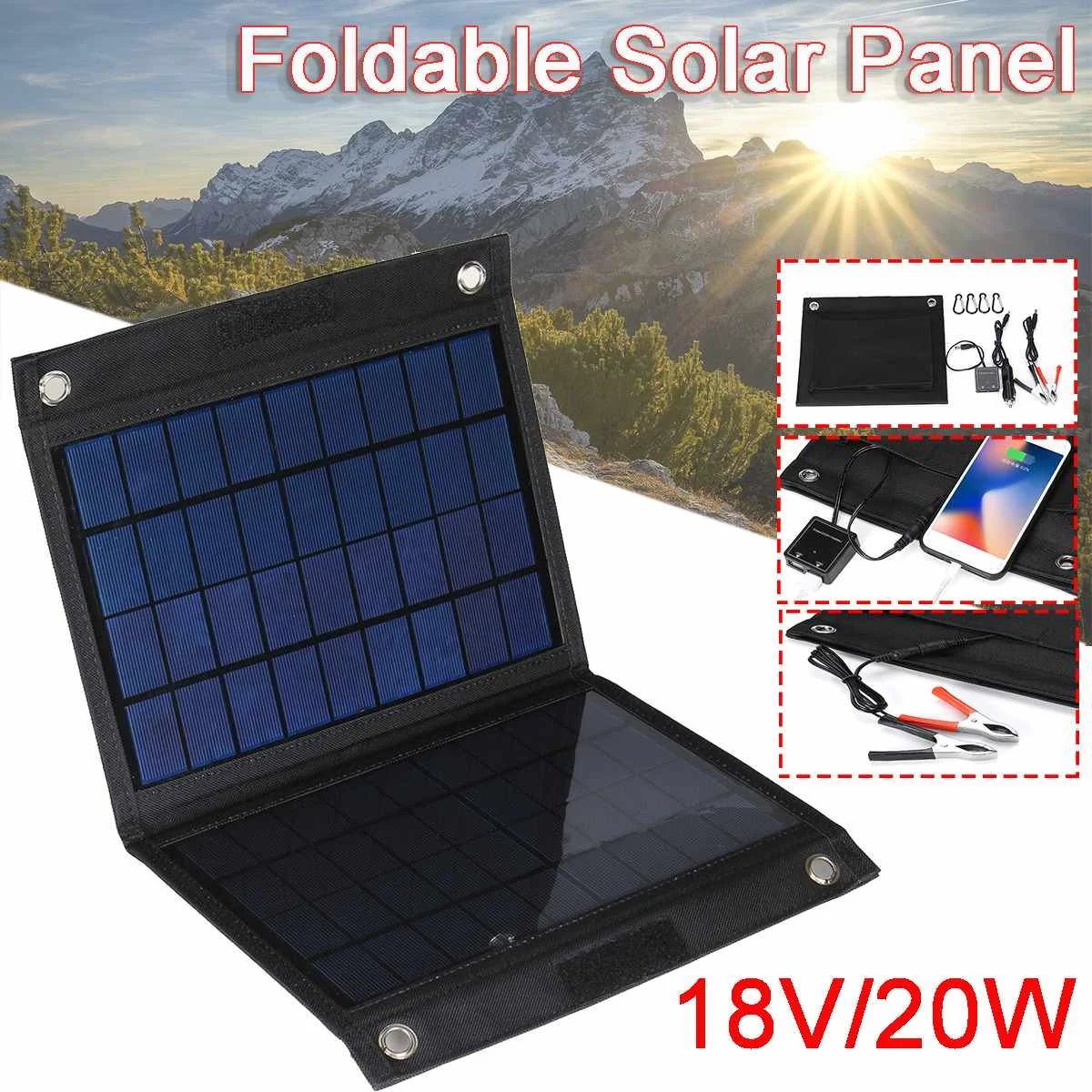 Murah 20W Panel Surya Lipat Pengisi Daya Baterai Sel Surya USB Untuk Baterai Kapal Pesiar Mobil Pengisi Daya Baterai Luar Ruangan 18V Dengan Tas