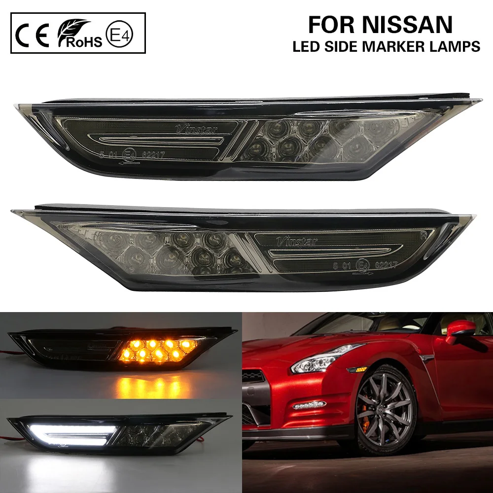 

2 шт. дым тонированные светодиодный, боковой, габаритный фонарь Поворотная сигнальная лампа LED Angel Eyes вождения DRL дневного света для Nissan GTR R35 ...