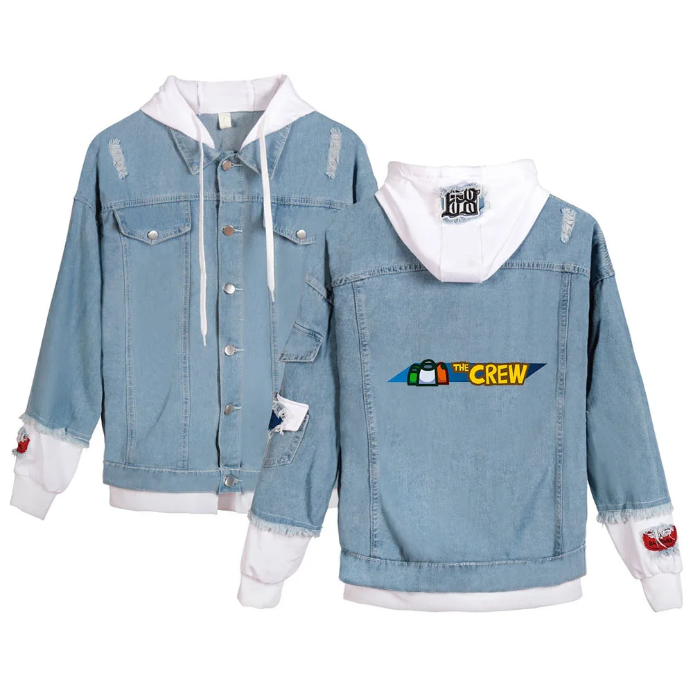

2020 Hot Among US Jacket Sweatshirt Men Women Fake Two Piece Denim Jackets Casual Long Sleeve Streetwear Boy Hooded Coat Clothes
