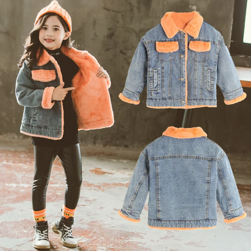 

2020 Autumn Winter Childrens Jeans Jacket Plus Velvet Lamb Wool Windbreaker For Girls Thick Down Cotton Winter Coat 4-12 Years