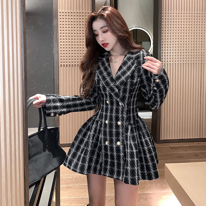 

2021 Spring Autumn Women's Elegant Office OL Plaid Tweed Temperament Suit Double Breasted High Waist Slim Pleated Mini Dress