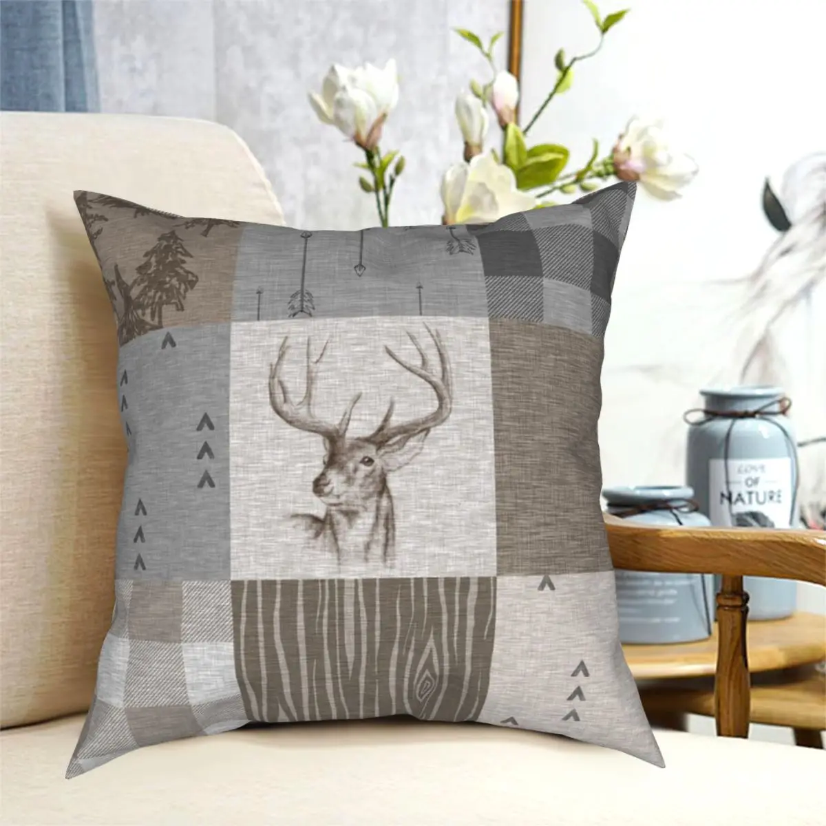 Олень в деревенском стиле нейтральных квадратная подушка чехол полиэстер