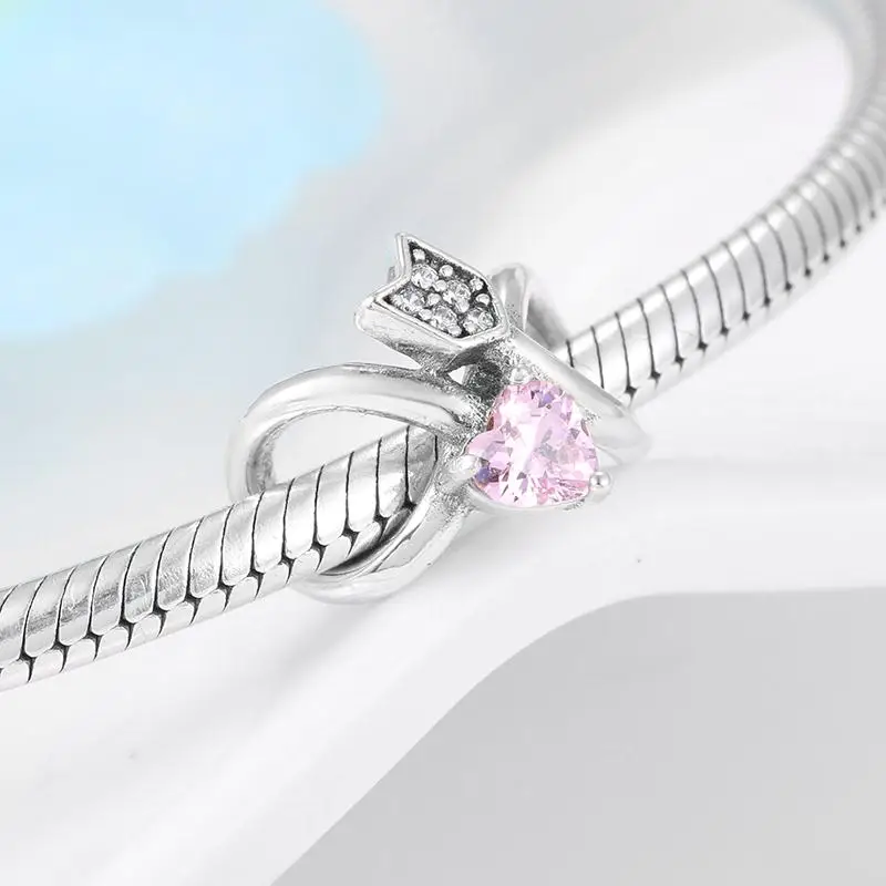 Hot 925 Sterling Silver Cupid's arrow Pink heart CZ Bead fit Original European Charms Bracelet Jewelry making | Украшения и