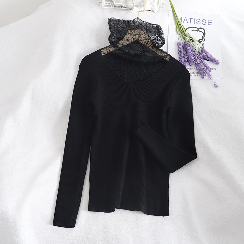 Шикарные женские свитера с кружевным воротником облегающие Женские трикотажные