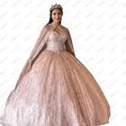 Блестящее розовое Золотое бальное платье, Дешевые Бальные платья Quinceanera для выпускного вечера с накидкой и большой шалью, 2022, платья для 15 лет, пышные мексиканские платья Charro