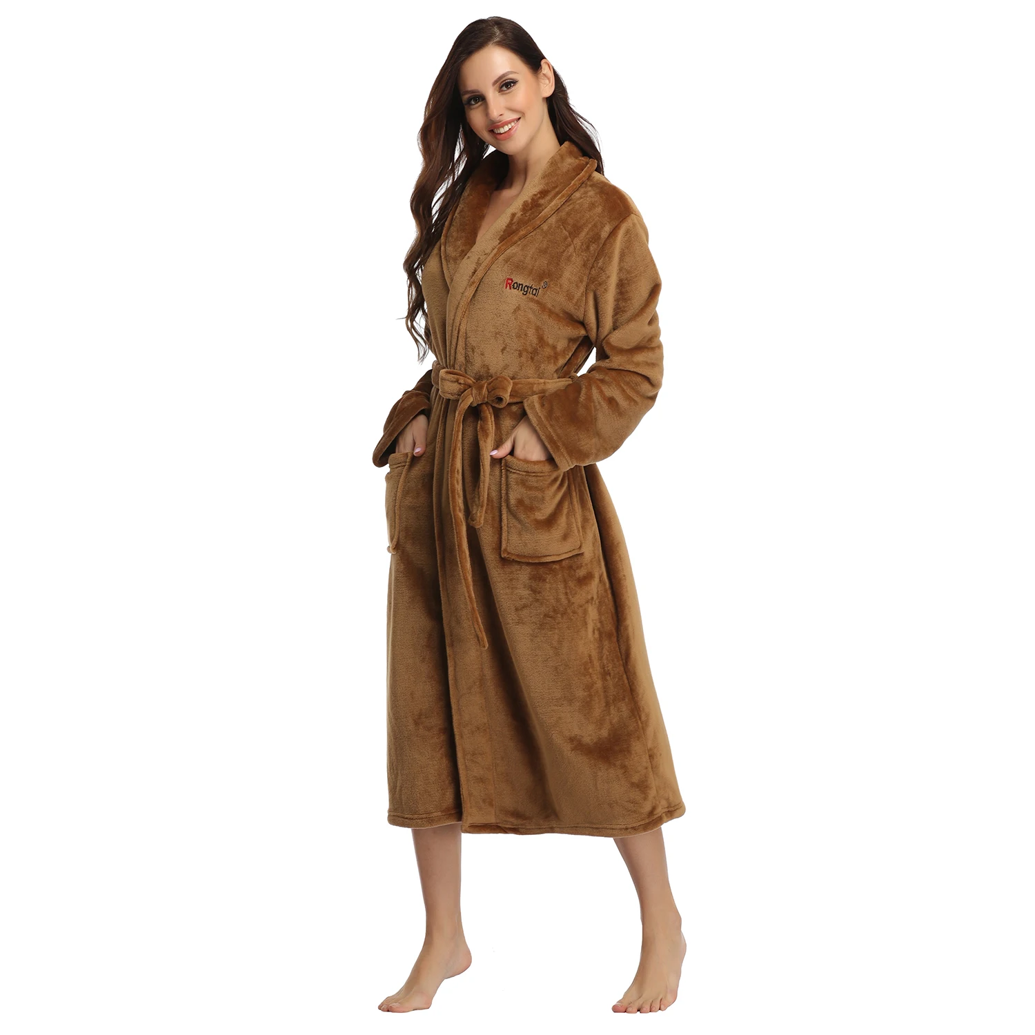 

RONGTAI Bronw Fleece Robes for Women Bathrobe with Pockets