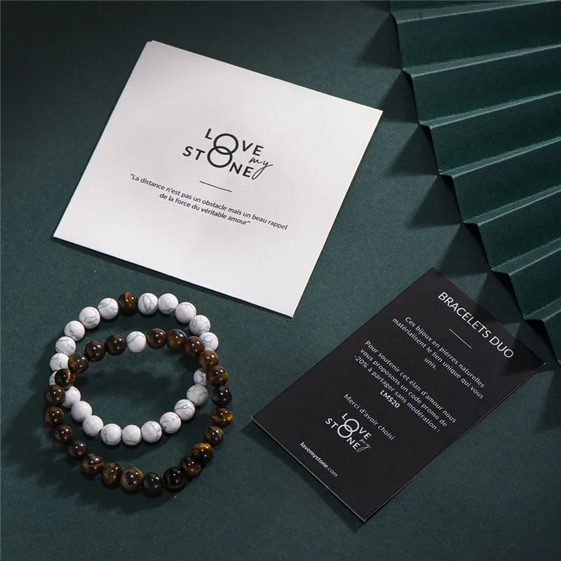 

2Pcs/Set Couples Distance Bracelet Classic Natural Stone White and Black Natural Beaded Bracelets for Men Women Best Friend