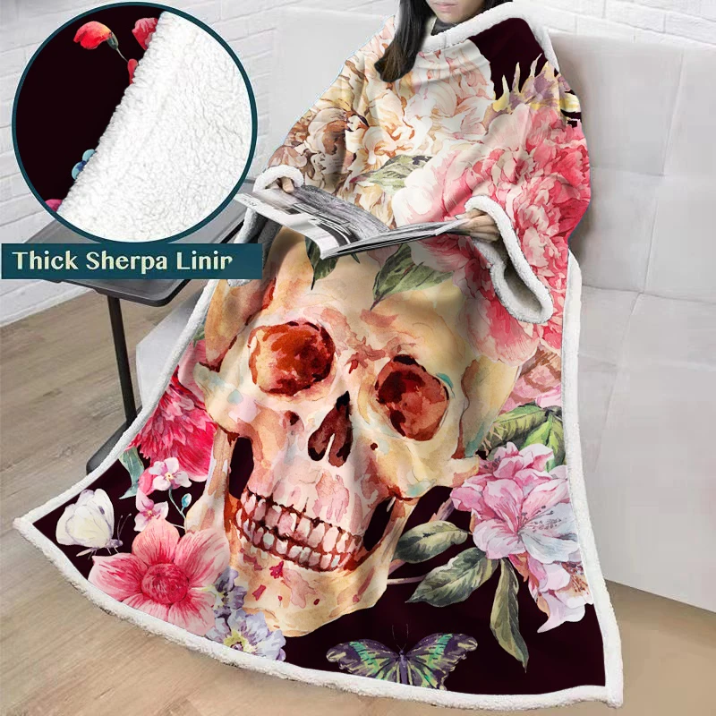 

Sugar Skull Print Blanket With Sleeve Plush Warm Blanket Soft Sofa Bed Travel Throw Blankets for Adult