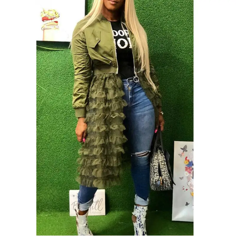 Женский Тренч на молнии с длинным рукавом модная сетчатая юбка оборками подоле