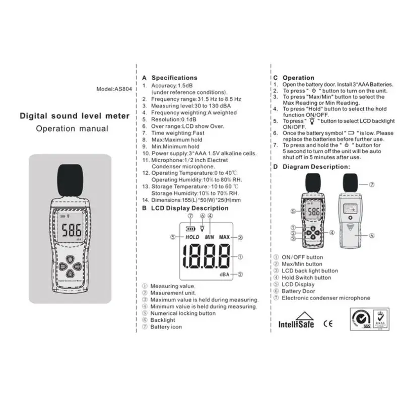 AS804 цифровой измеритель уровня звука 30 130 дБ децибел шума Тестер умный датчик