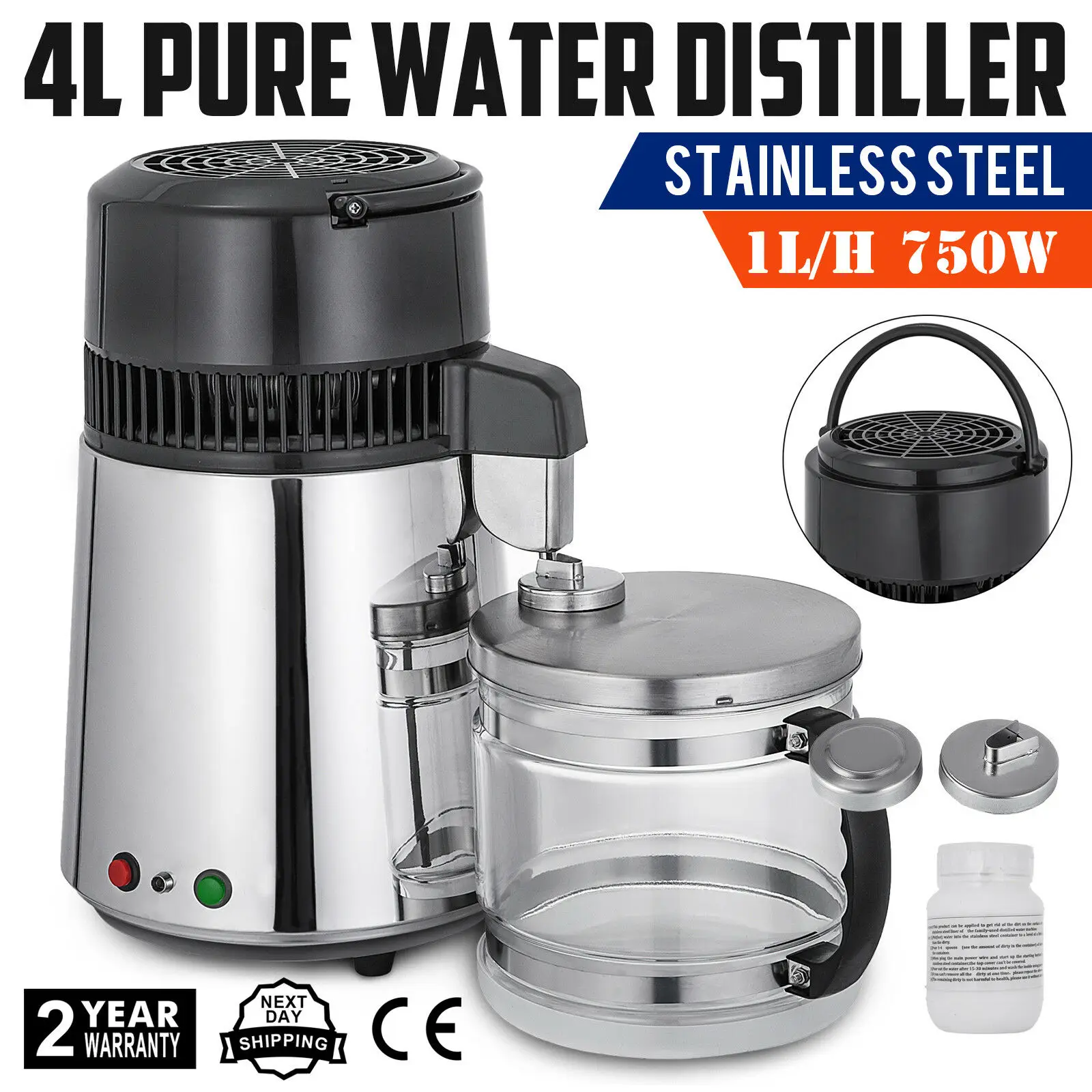 Столешница из нержавеющей стали дистиллятор для воды 4L 750 Вт с пищевой стеклянной