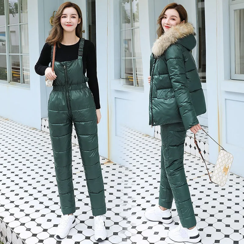 Thick Winter Ski Sports Women Clothing Suspenders Jumpsuit Cotton Coat Suit Warm Hooded Fur Collar Padded Jacket Two-piece Set