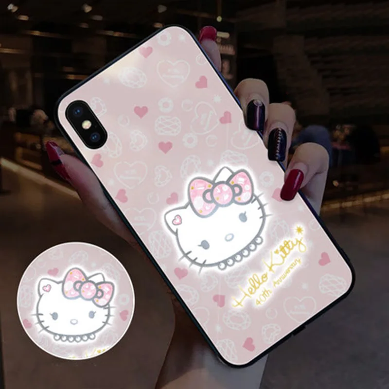 EKIND Hellokitty серия закаленное стекло чехол для iPhone X XS XSMAX Led логотип флэш-стекло чехол для iPhone защитный