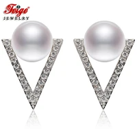 new design triangle 925 sterling silver white freshwater pearl stud earrings for women party jewelry gifts wholesale feige