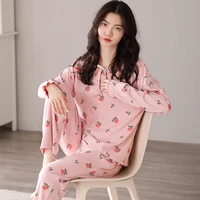 autumnwinter hot sell pure cotton women pajamas set long sleeves trousers printing homewear fashion two piece lady sleepwear