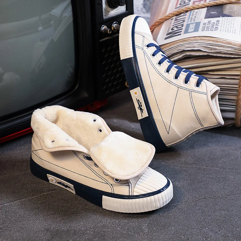

Plus velvet high-top canvas shoes, ladies flat-bottomed warm white shoes, casual all-match student vulcanized shoes