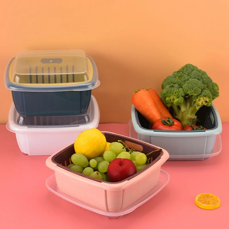 

Double-Layer Drain Basket Lid Refrigerator Crisper Fruit Snack Storage Boxes Square Large Washing Vegetable Baskets Organizer