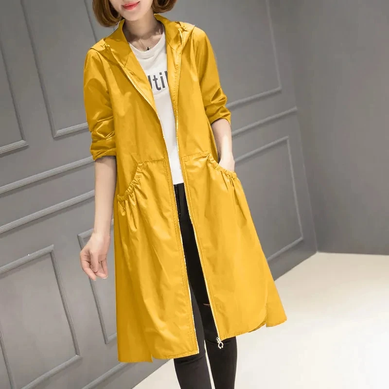 Women's Long Trench Coat Spring Autumn Solid Color Hooded Loose Straight Overcoat Big Size Female Elegant Vintage Windbreaker