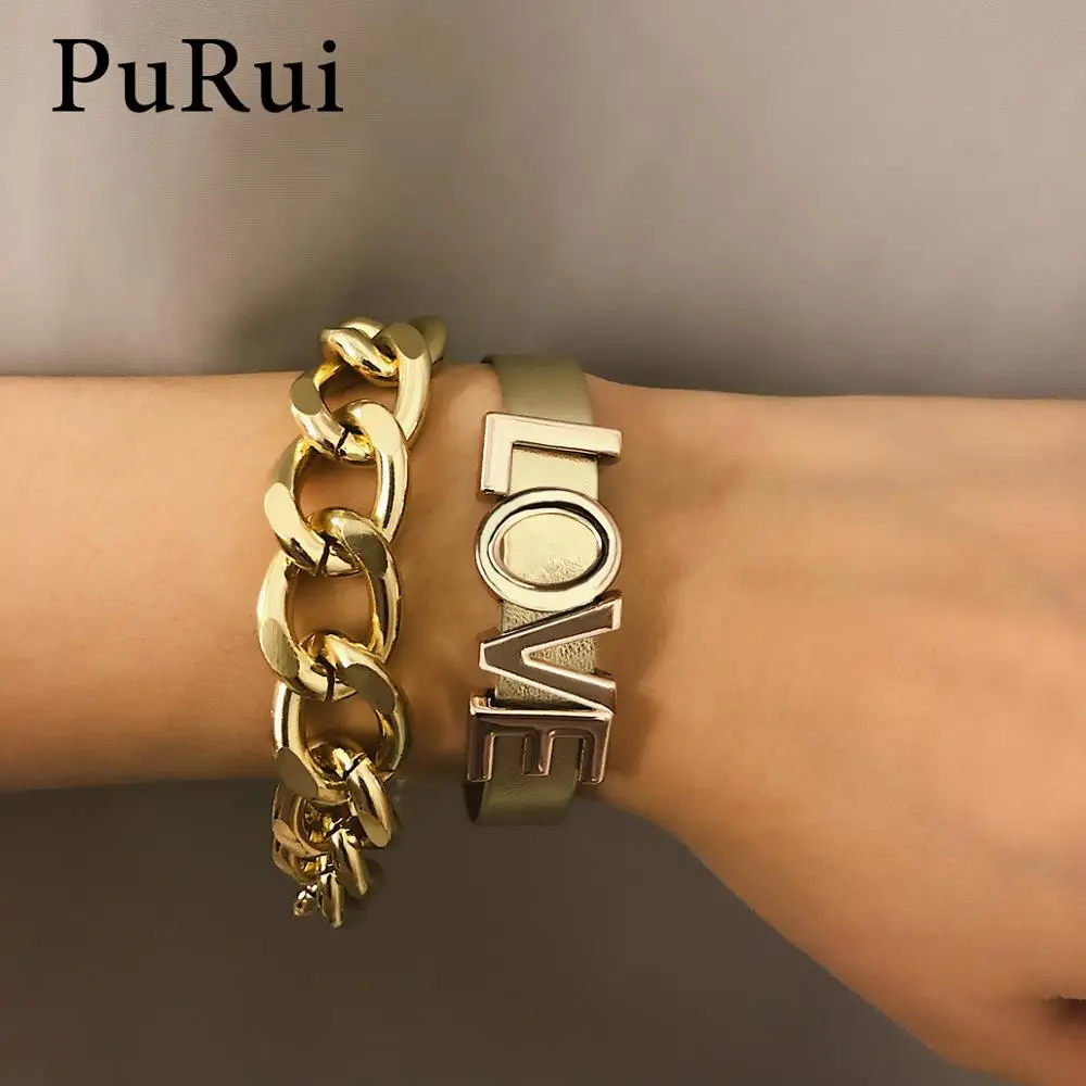 PuRui, 2 шт, панковские, Утолщенные, кубинские, Набор браслетов с подвесками для женщин, Boho, золотые, с буквами, браслеты, широкий, модные, ювелирное изделие