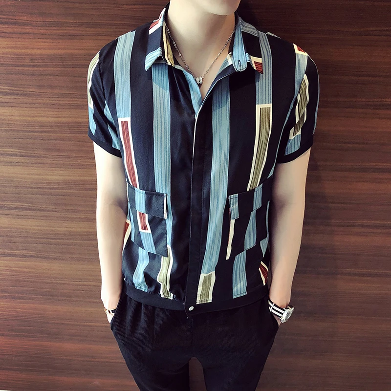 

2021 Spring and Summer New Boutique Fashion Color Striped Mens Casual Slim Short-sleeved Shirt Male