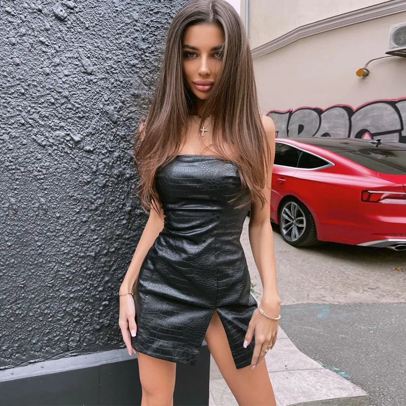 

BKLD Party Black Mini Dress 2021 New Winter Fashion Sexy Club Outfits Slim Leather Tube Top Split Dress Women Clothes Solid