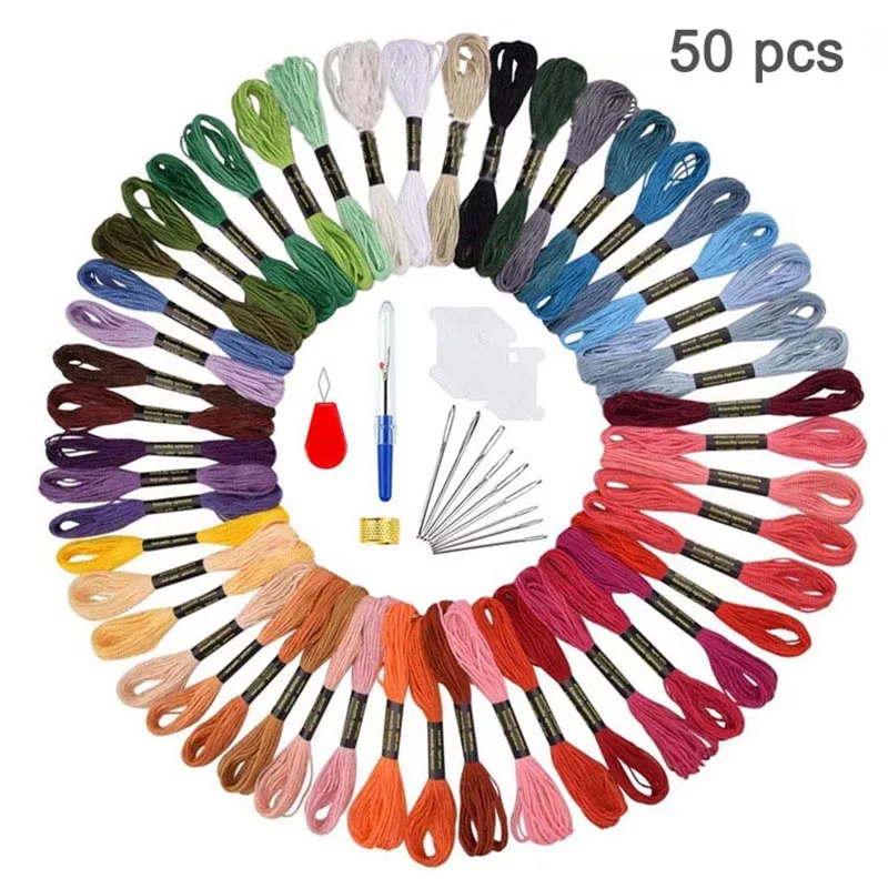 

50 шт., набор шелковых ниток для вышивки крестиком, из полиэстера и хлопка