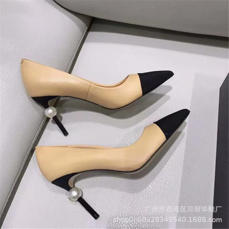

Party Dress Heels 2021 Pointed Toe High Heel Shoes Sexy Woman Black Leather Thin Heels Designer Pumps White Pearls Decorations