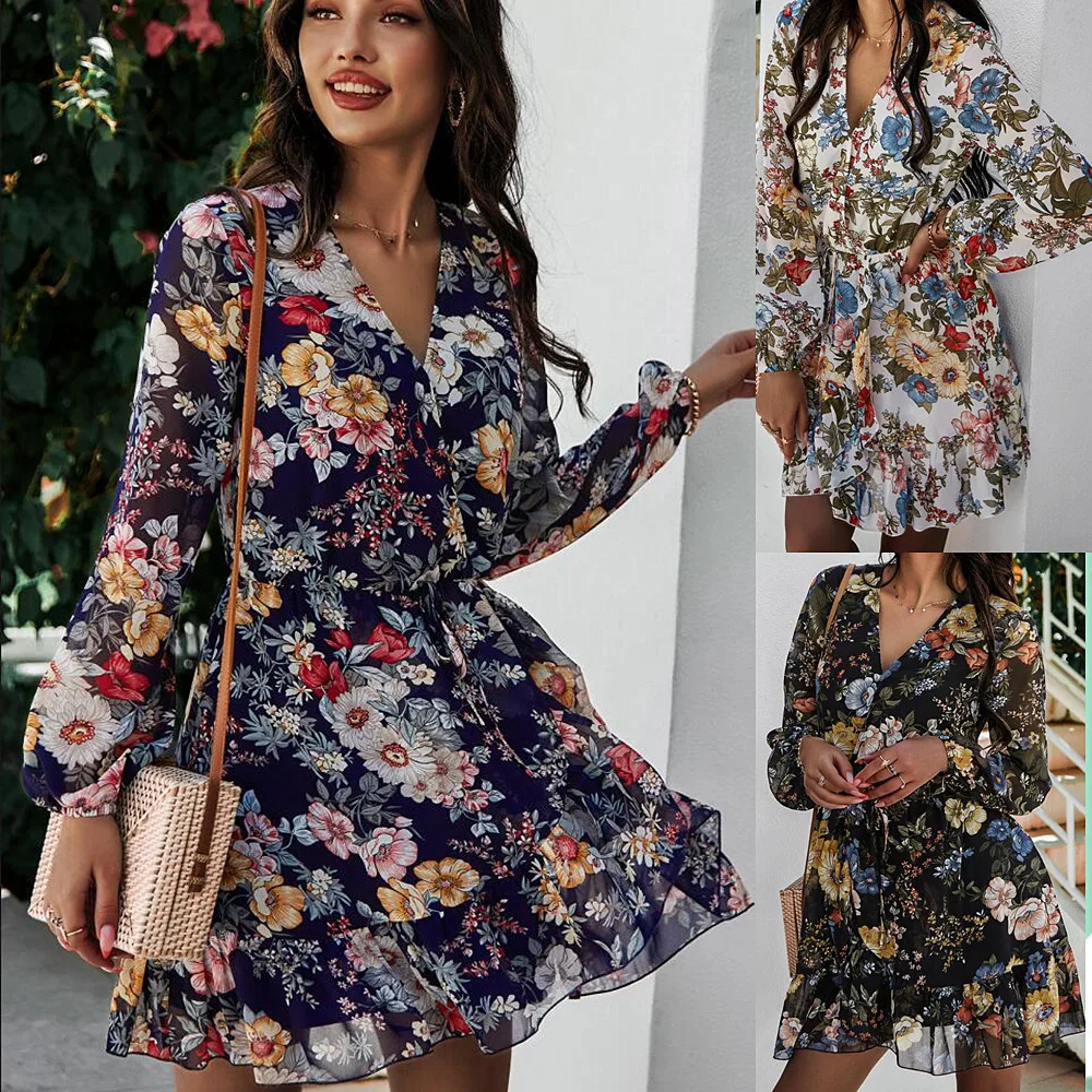 

Boho Chic Allover Floral Surplice Neck Ruffle Hem Dress Casual Loose Long Sleeve Lady Mini Party Robe