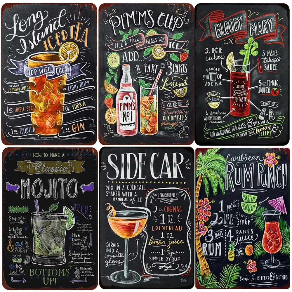 

Cocktail Ingredients Vintage Rum Punch Metal Plates Mojito Metal Sign Bloody Mary ICED TEA Painting Wall Posters Home Decor WY50