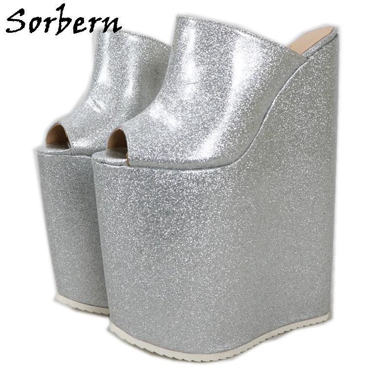 

Sorbern Silver Peep Toe Slippers Women Blingbling 25Cm High Heel Wedge Mules Platform Shoes Designer Slides Slip On Custom