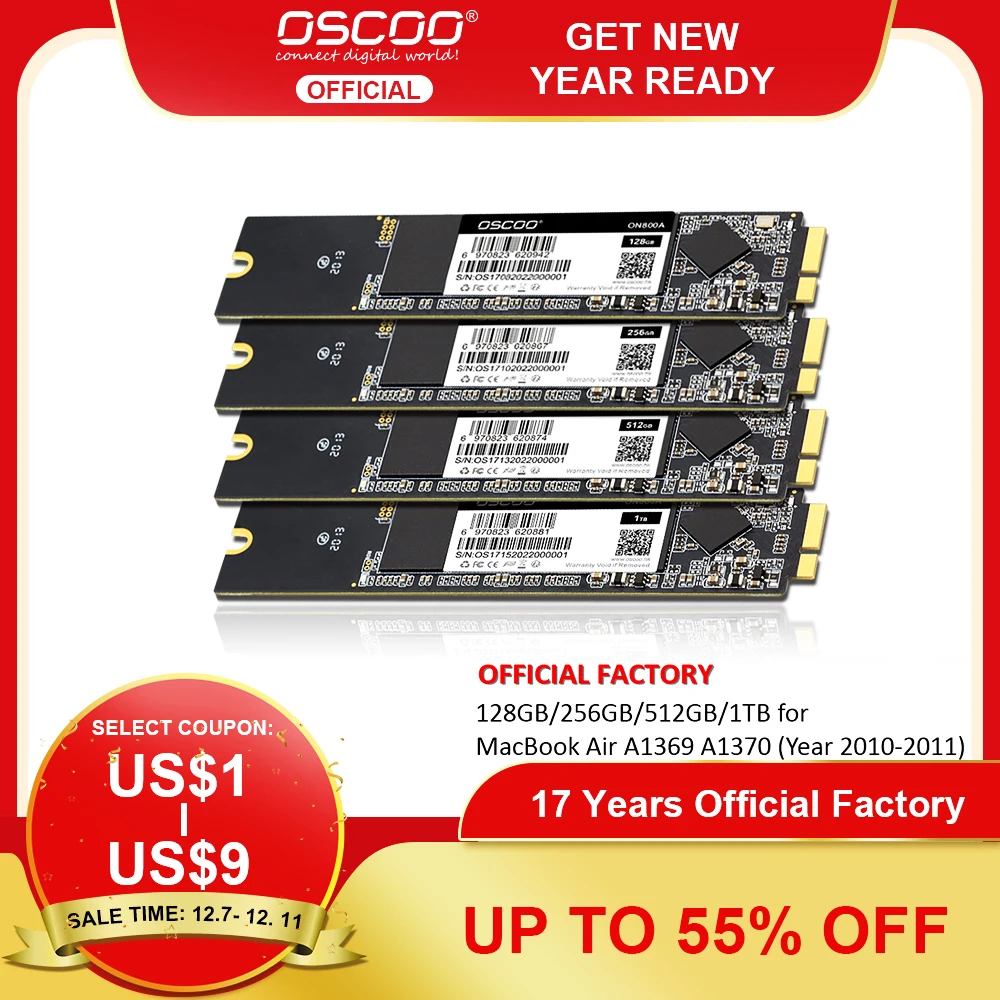 OSCOO SSD 256 ГБ 512 1 ТБ 3D TLC Nand Flash SATA3 для 2010 2011 Apple Macbook Air A1370 A1369|Внутренние твердотельные