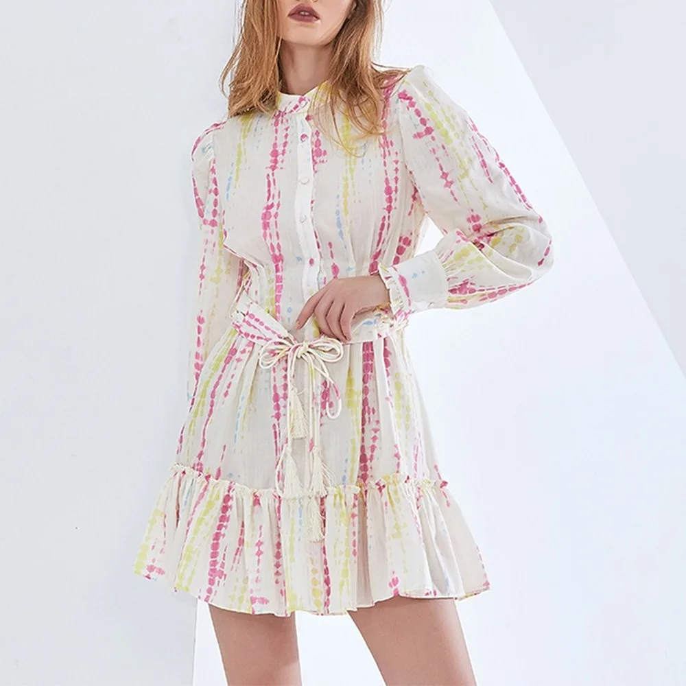 

Повседневная рубашка платье для женщин со стоячим воротником с длинным рукавом Высокая талия со шнуровкой и принтом хит Цвет Мини платья Же...