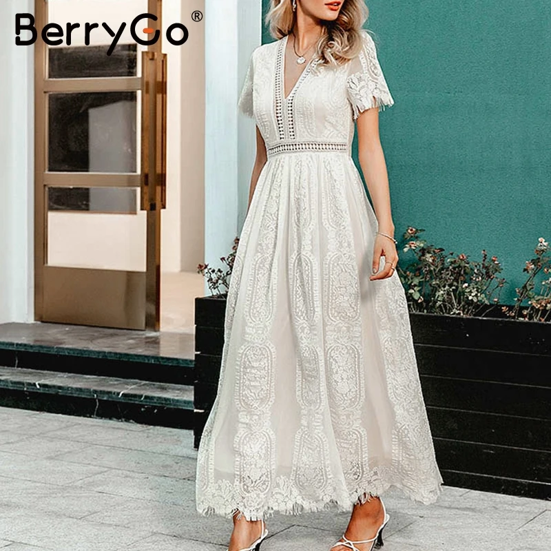 BerryGo сексуальное Белое Макси платье с v образным вырезом женское шикарное осеннее