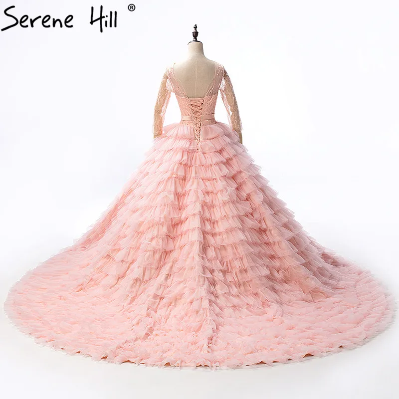 Персиковое сексуальное свадебное платье из тюля с длинными рукавами расшитое