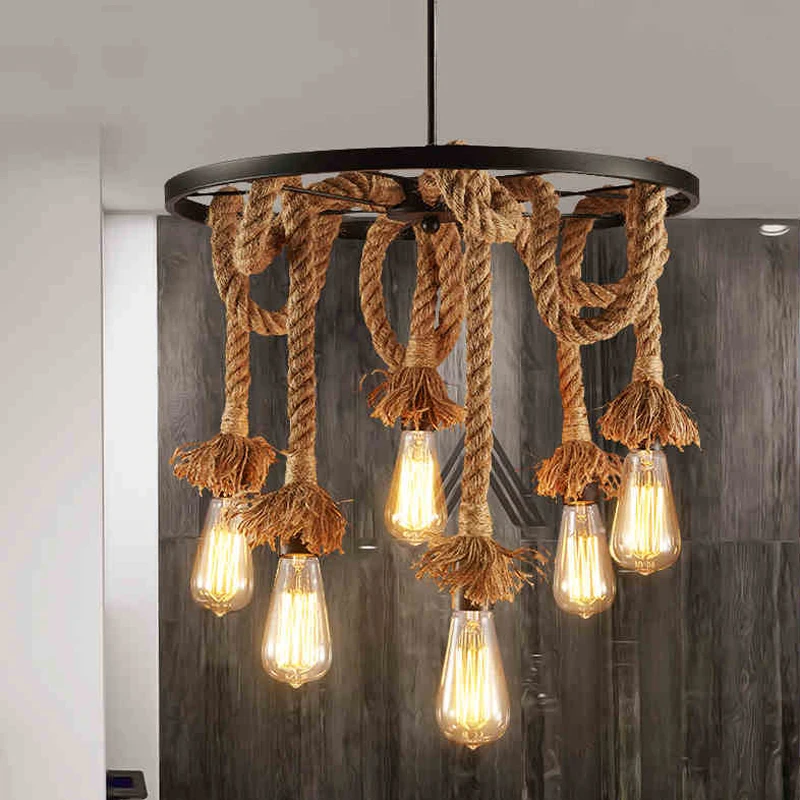 Индустрия 6 головок подвесной люстры с лампами Edison E27 из конопляной веревки для бара, ресторана, кафе, столовой и гостиной.